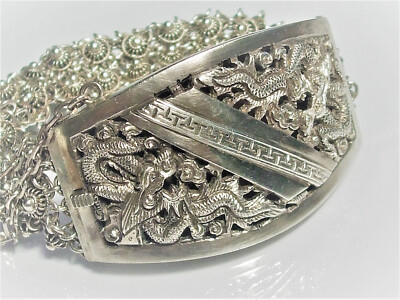 Bracelet Manchette Indo-chinois Ancien En Argent – Dragon Gravé – 59 Grammes – Très Bon état