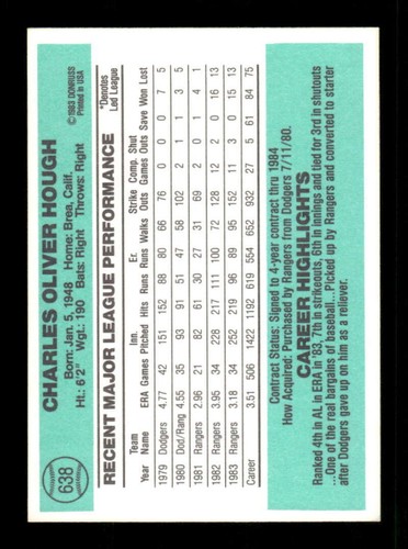 1984 Donruss Texas Rangers 638 Charlie Hough signed Auto Autogramm 37 BXCP38 - Bild 2 von 2