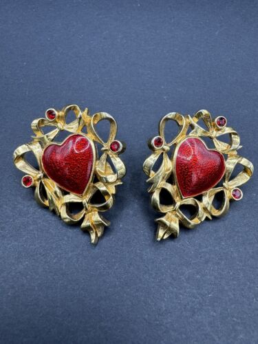 Vintage Avon Red Enamel Hearts & Bows Red Rhinesto