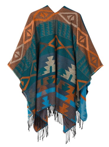 Women's Printed Tassel Open front Poncho Cape Cardigan Wrap Shawl Series 4-Blue - Picture 2 of 6