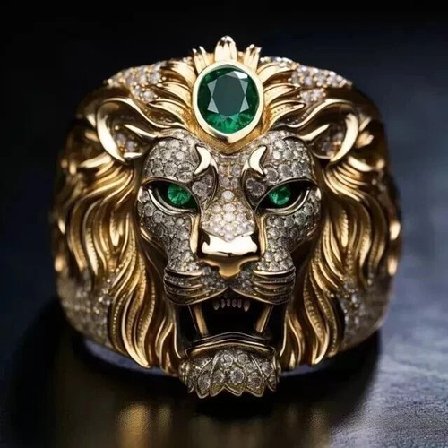 3Ct Oval Cut Lab Created Emerald Men's Lion King Ring 14K Yellow Gold Plated - Picture 3 of 3