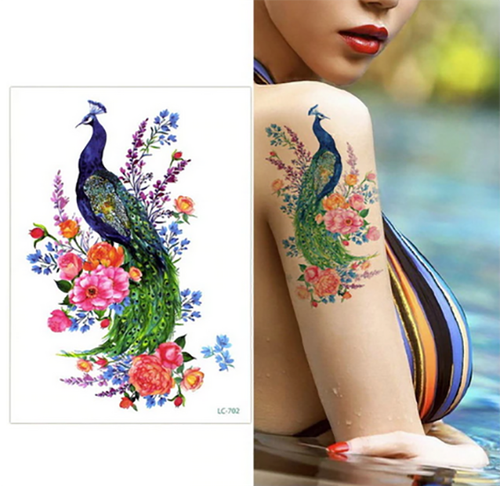 Grande Planche Tatouages Temporaires Paon Oiseau Colore Fleurs Original Ebay