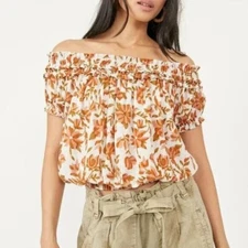 Free People Fp One Suki Off The Shoulder Blouse Top Ruffle Floral Printed New L