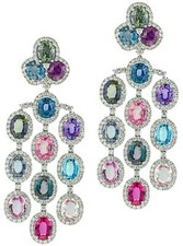 72.4CT DIAMOND & AAA MULTI COLOR SAPPHIRE 18KT WHITE GOLD OVAL & ROUND EARRINGS