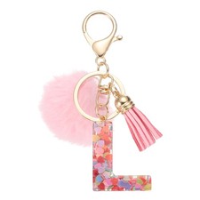 Alphabet Initial Letter l Keychain, Cute Tassel Fur Ball Pom Key Chain, Pink