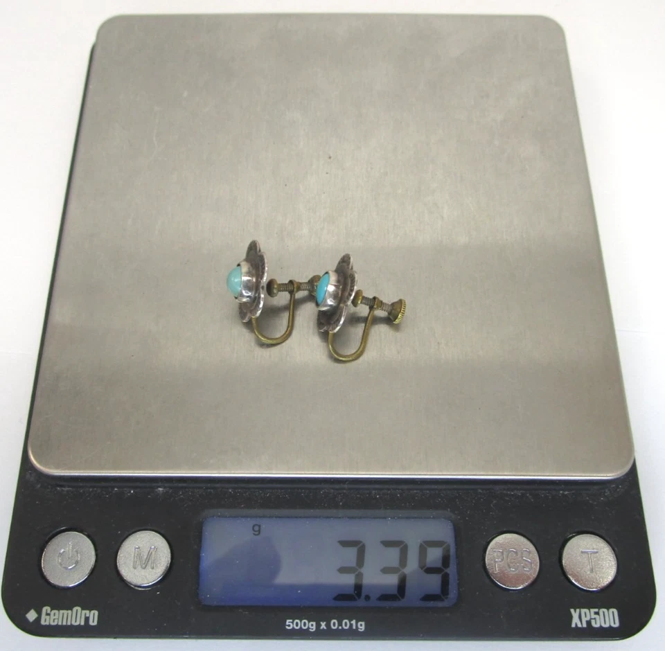 Early Navajo 1940 Brass and Sterling Silver Turquoise Earring Screwbacks - Image 4 of 4