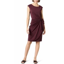 Amazon Essentials Women's Cap Sleeve Boat-Neck Faux Wrap Dress, Burgundy, Med
