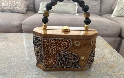 Timmy Woods Beverly Hills Hand Carved Wood Bag Tiger Eye Bead Handle VERY RARE