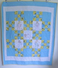 Handmade Patchwork Embroidered Crib Quilt Baby Angels Stars Blue Yellow 44 x 51