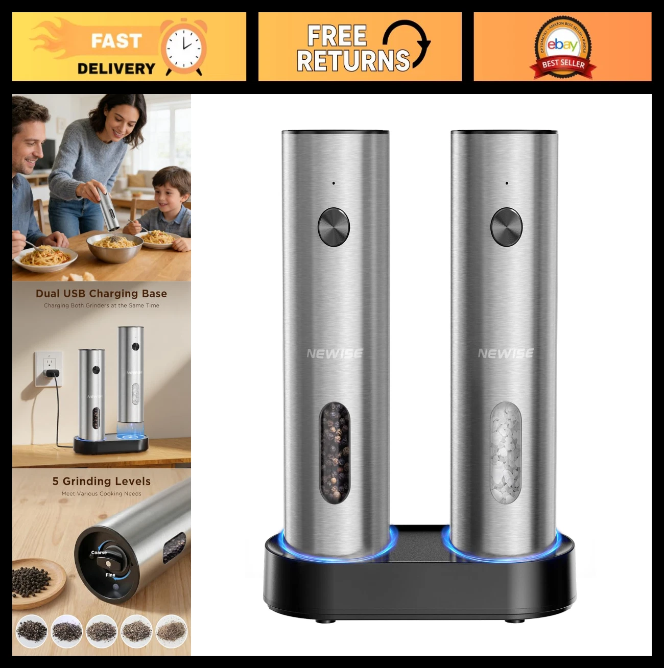 Automatic Electric Salt & Pepper Grinder Set - Rechargeable, Adjustable Coarsene