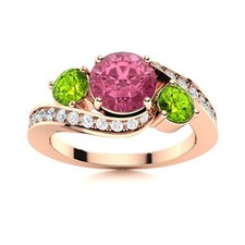 5MM Round Pink Topaz  Peridot 925 Sterling Silver Rose Plated Three Stone Ring