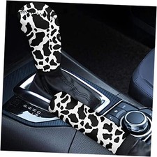 2PCs Set Cow Print Car Handbrake Cover Gear Shift Knob Cow - Black and White