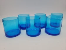 6 Blown Glass Vintage Barware Turquoise Blue Whiskey Rocks Glasses Lowball 