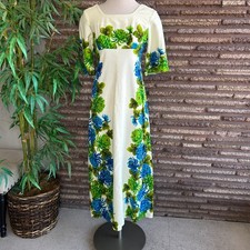 Ui- Maikai Vintage 60s Dress Hawaiian Blue Green Mum Floral Barkcloth Tiki Maxi