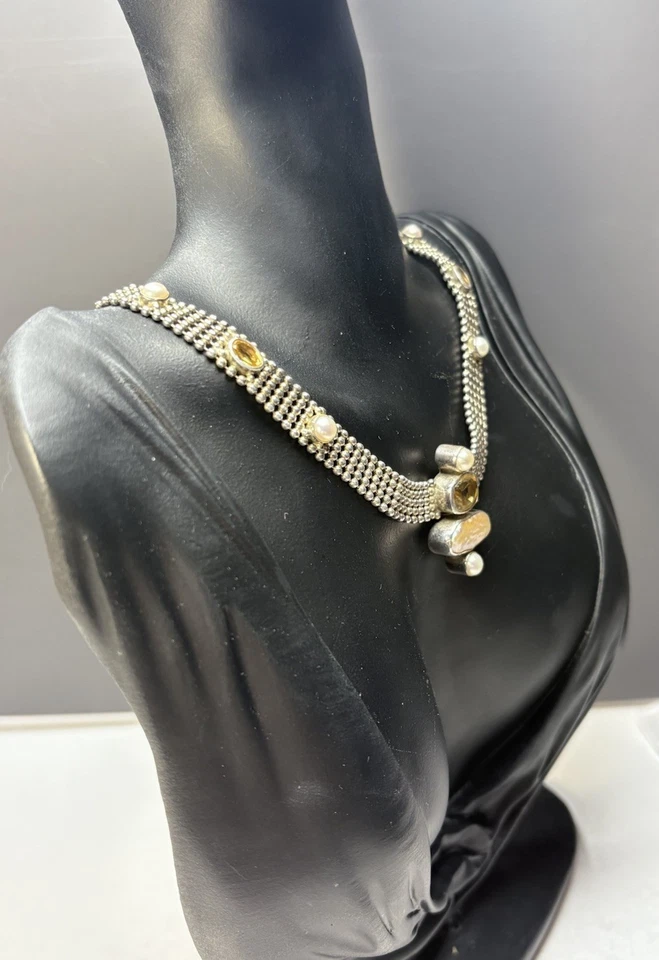 Ожерелье из чистого серебра с сеткой и цитрином и жемчугом 16 дюймов - Изображение 3 из 4