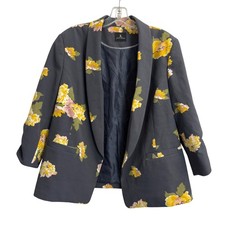 Jules Leopold Floral Open Front Blazer Women XL Gray Yellow Ruched 3/4 Sleeve