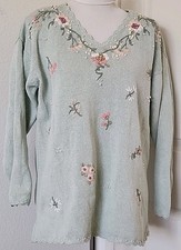 Shenanigans Sz L Vtg Pearl Embellish Knit Sweater Embroidered Floral Mint Green