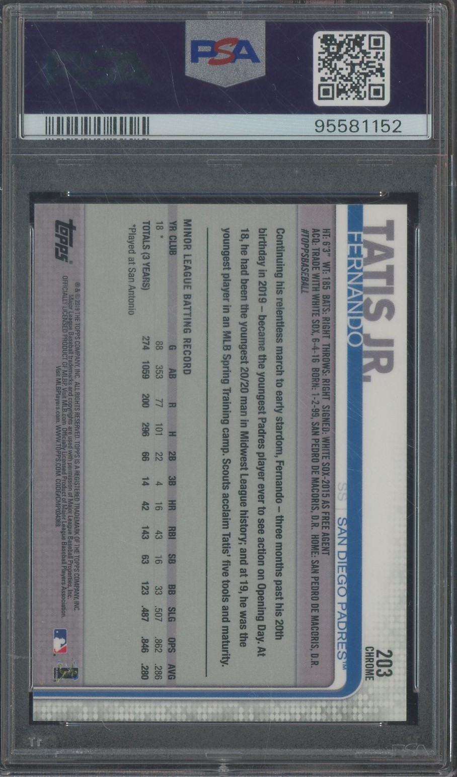 2019 Topps Chrome #203 Fernando Tatis Jr San Diego Padres RC Rookie PSA 10 view 2