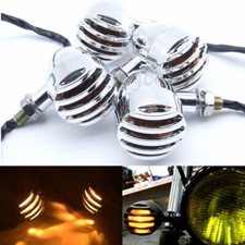 4x Chrome Retro Motorcycle Bulb Turn Signal Blinker Lights Indicators w/ Grill