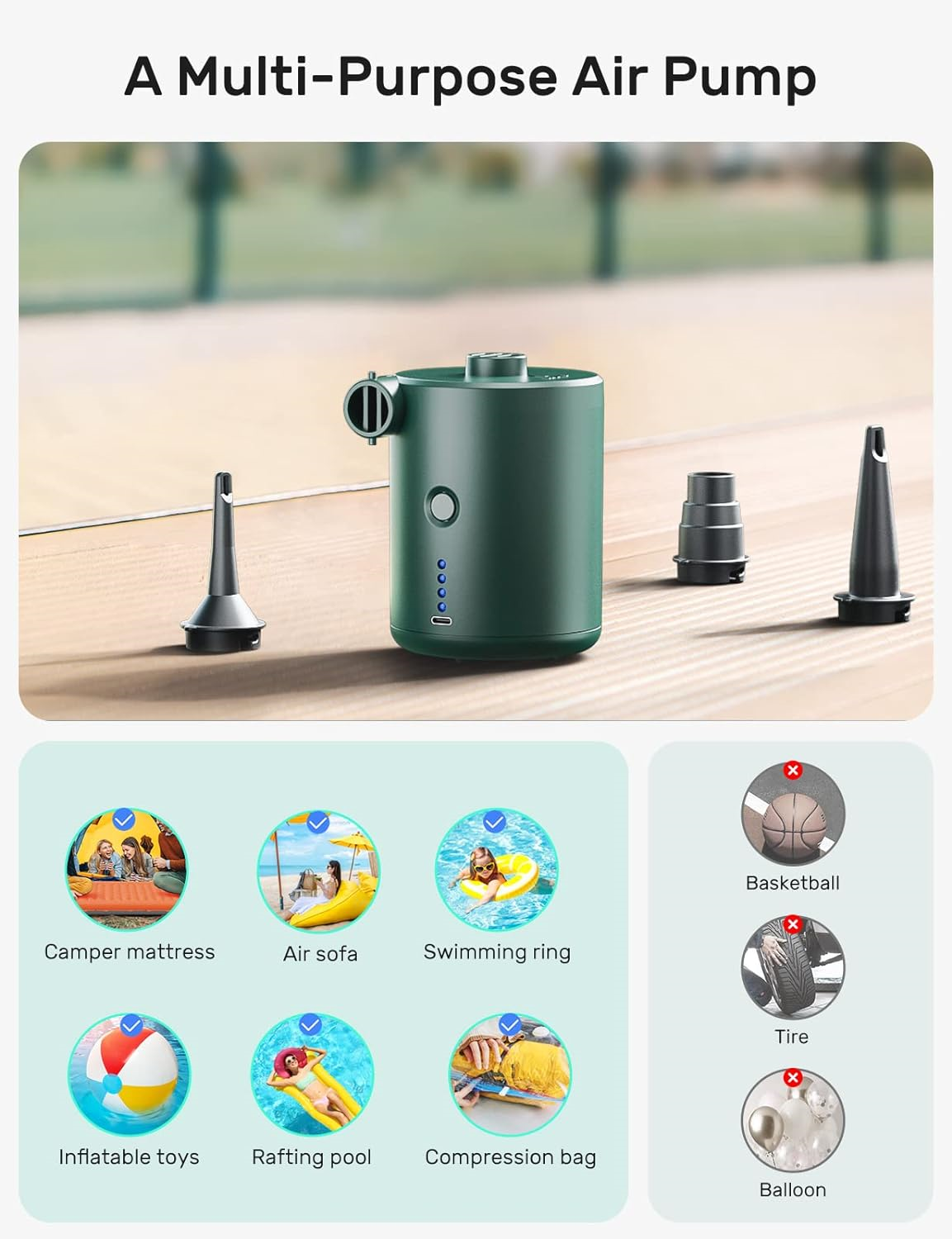 QPAU Air Pump, Rechargeable Portable Air Mattress Pump QuickFill