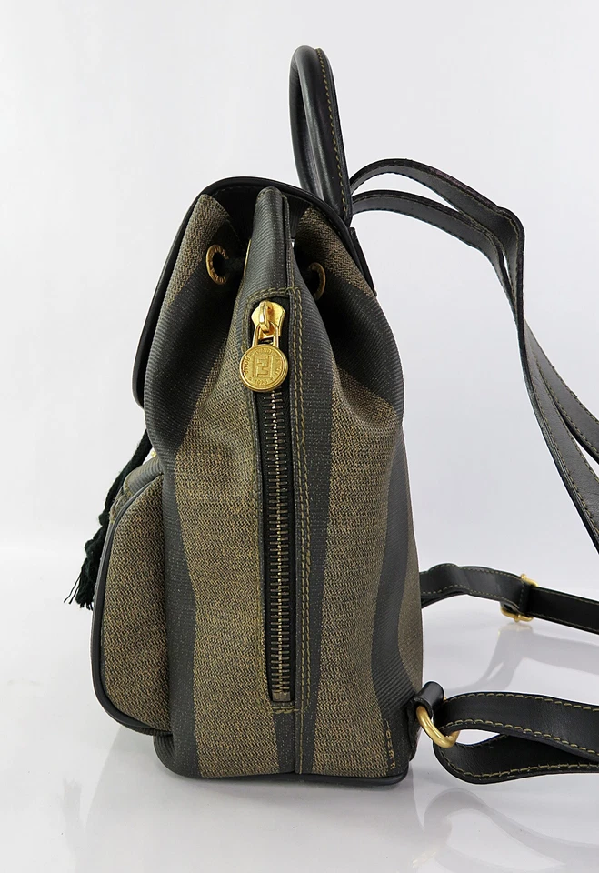 Auth FENDI Brown and Black Striped PVC Canvas and Leather Backpack Purse #60728 - Image 4 of 4