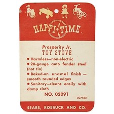 Sears Roebuck 1950s Happi Time Prosperity Jr Toy Stove Retail Paper Hang Tag