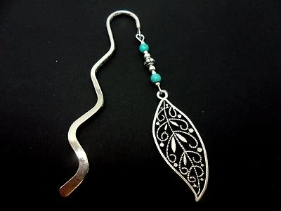 A TIBETAN SILVER LEAF CHARM TURQUOISE BEADS BOOKMARK. NEW.
