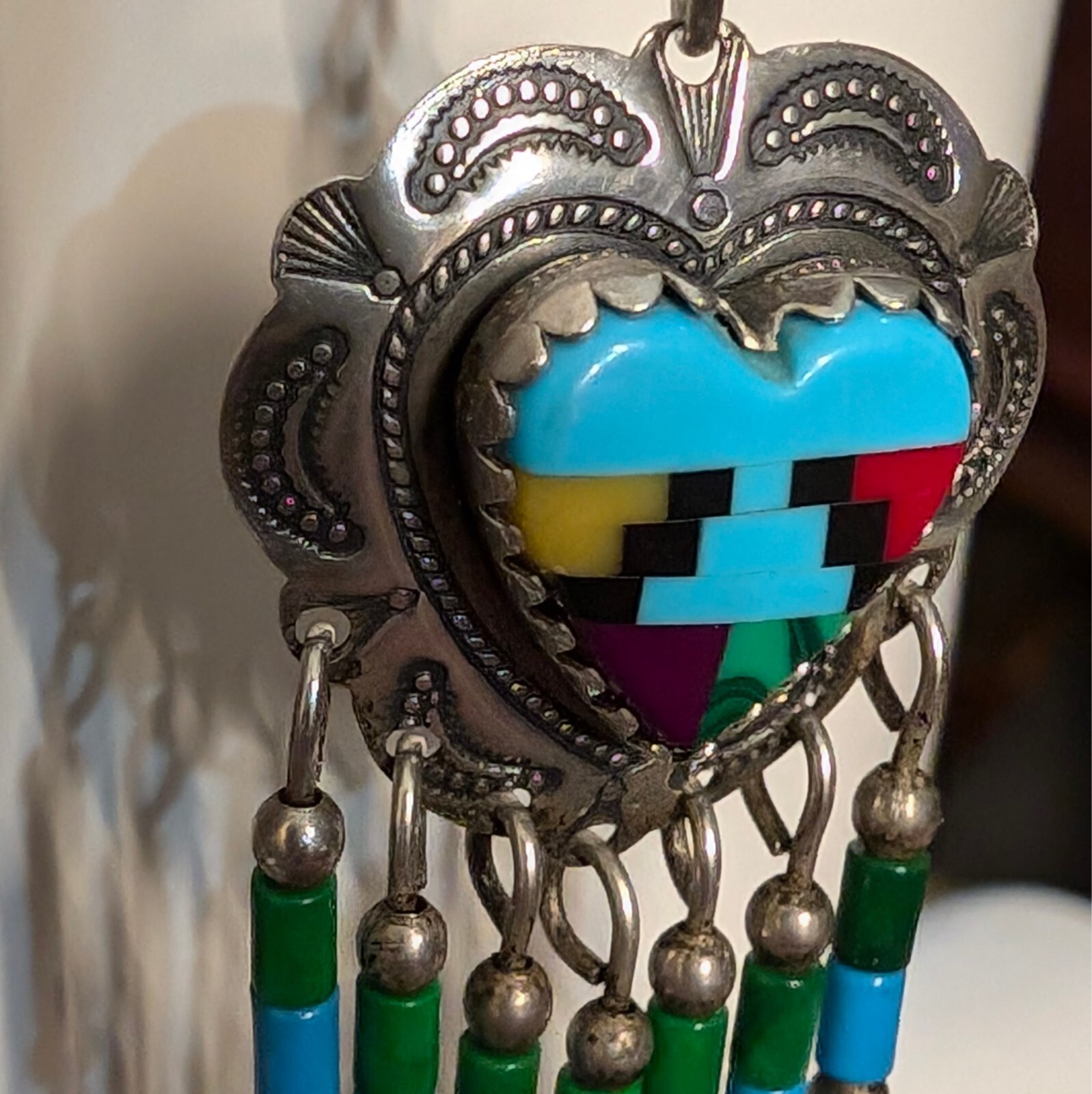 Sterling Silver Multi-Stone Inlay Dangle Drop Ear… - image 3