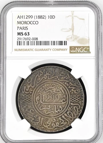 AH 1299 1882 Morocco 10 Dirhams - Silver - Paris - NGC MS63 Uncirculated