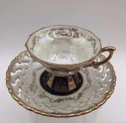 Vtg Japan Black Gold Porcelain Teacup Saucer Lusterware Iridescent Hand painted