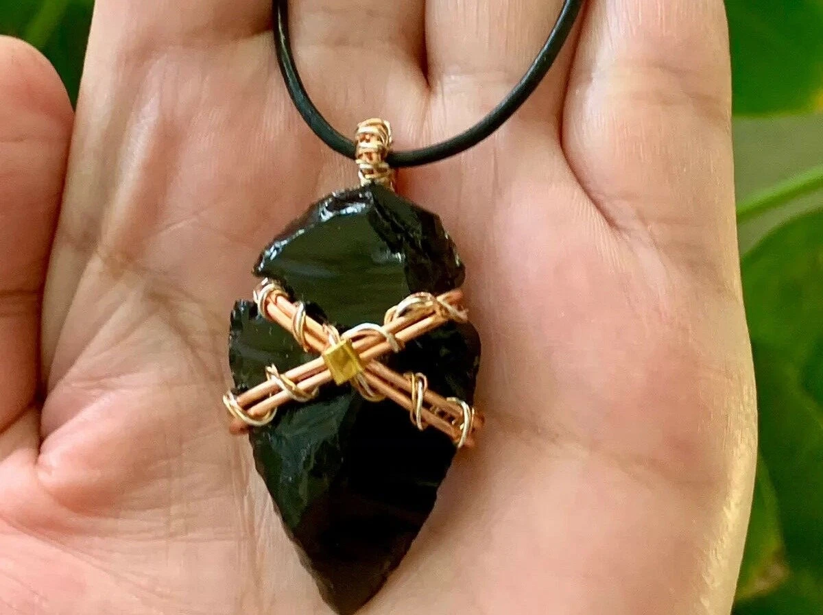 Black Obsidian Arrowhead Necklace Handcrafted Wire Wrapped 