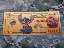 Billete coleccionable Disney Lilo and Stitch (puntada) chapado en lámina de oro 24k ¡Como nuevo!