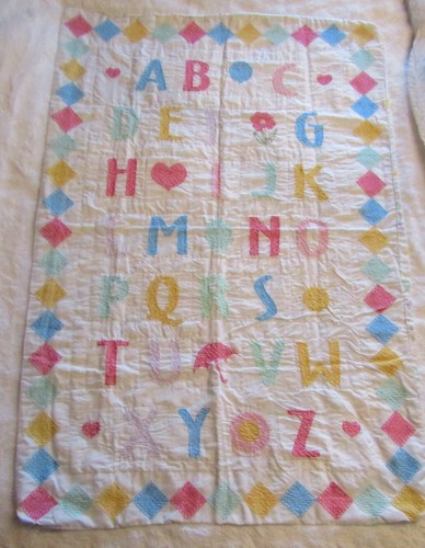 Vintage Handmade ABC Alphabet Embroidered Baby Blanket 49" x 32"