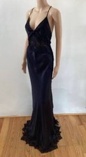 VERSACE VINTAGE LACE INSERT PLUNGING OPEN BACK SILK DARK BLUE GOWN SZ 40