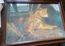 Pastel Undeutl. Sign. View Of Lioness With Offspring