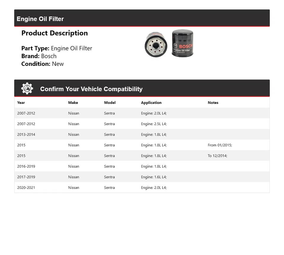 Filtro de aceite premium para Nissan Sentra Bosch 2007-2021 2008 2009 2010 2011 2012 Foto 2 de 3