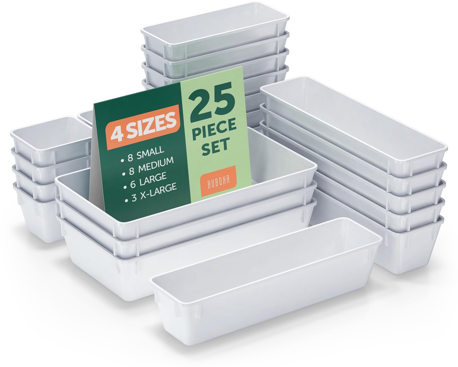 25-Piece White Plastic Drawer Organizer Set in 4 Sizes for Storage