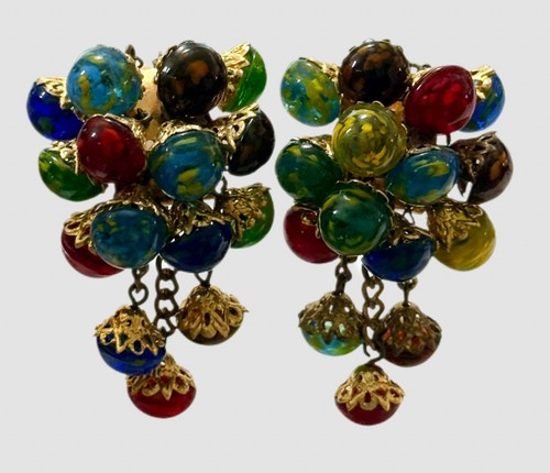 HUGE 1950s Multicolor SWIRL GLASS Cabs Gold Tone WATERFALL Cluster Clip Earrings