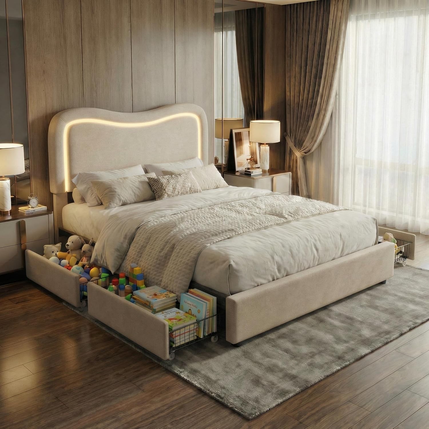 Full Bed Frame, Upholstered Platform Bed with 2 Storage Drawers & LED Headboard
