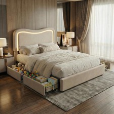 Full Bed Frame, Upholstered Platform Bed with 2 Storage Drawers LED Headboard
