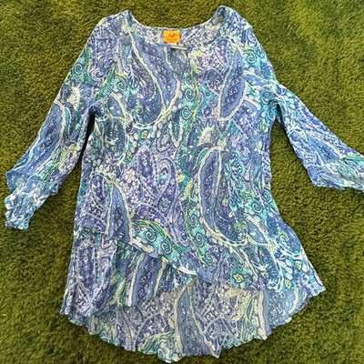 RUBY RD WOMENS BLOUSE BLUE BALI 3/4 SLEEVE TUNIC SZ XL