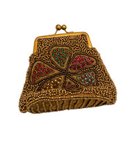 David Jeffery Vintage Beaded Coin Purse Kiss Lock Gold Floral Pouch Pocketbook