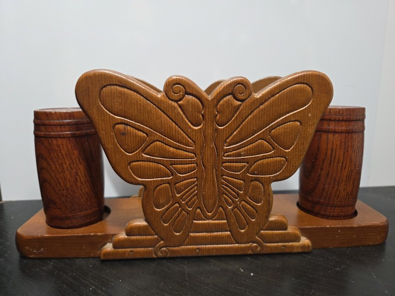 Vintage Wooden Butterfly Napkin Holder + Salt And Pepper Shakers