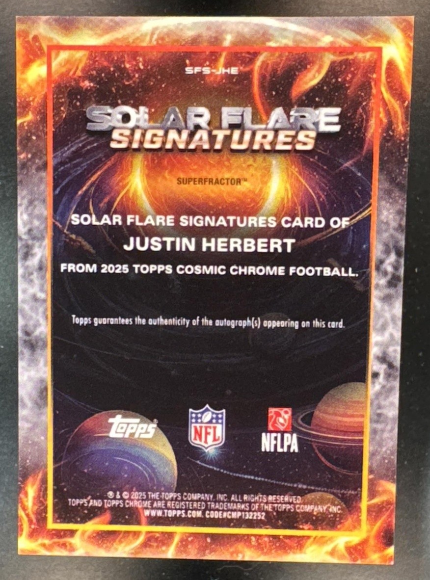 2025 Topps Cosmic Chrome Justin Herbert Solar Flare SuperFractor 1/1 Auto view 2