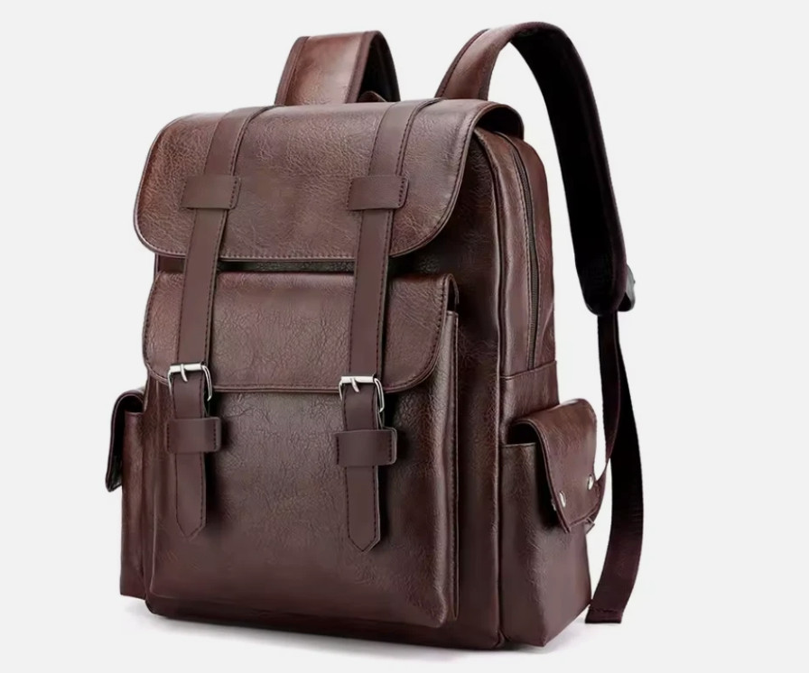 Sac à dos cuir PU résistant avec compartiment PC 14 pouces couleur café