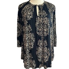 Lucky Brand Women Top Floral Boho Aztec Size 1X Black Keyhole Neck