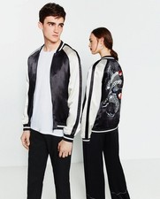 ZARA UNISEX NEW BLACK EMBROIDERED BOMBER JACKET REF: 3440/400 SIZE XS A