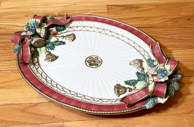 Fitz and Floyd Christmas 18.5'' platter red ribbons gold bells juniper Holly EUC