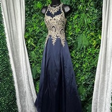 XSCAPE Dress Size 4 Blue Formal Gown Gold Embellished High Neck Sleeveless  3451