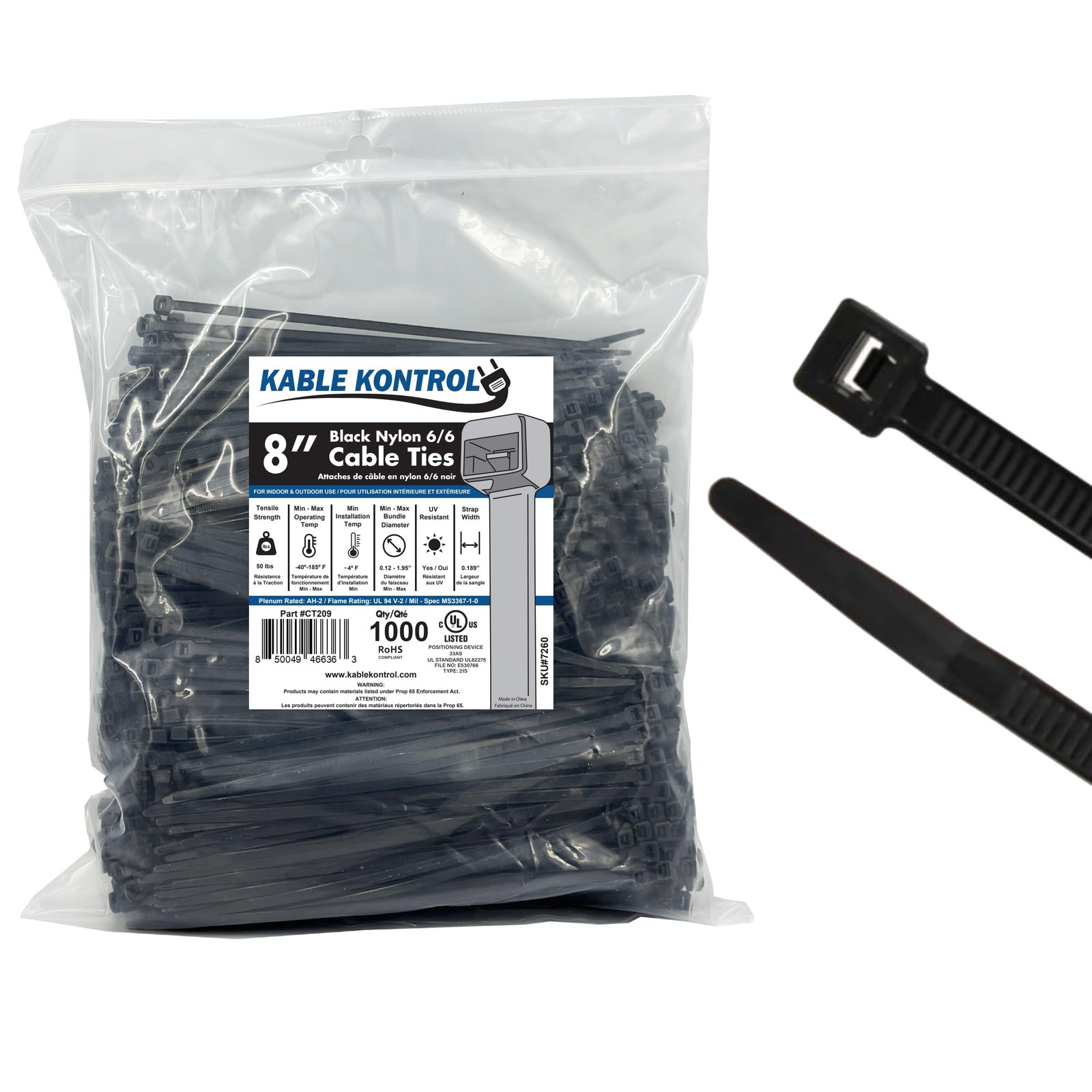 1000-Piece 8-Inch Black Cable Zip Ties with 50 Lbs Tensile Strength & Self-Locking Design